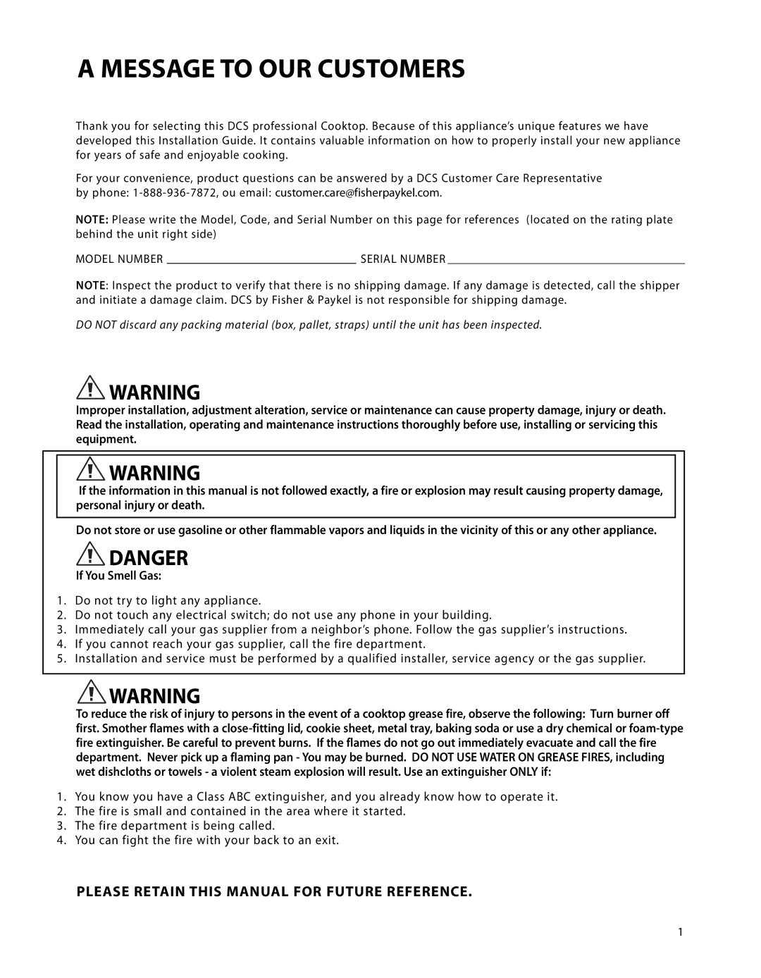 Fisher & Paykel CP-364GL, CP-486GD, CP-364GD manual Message to OUR Customers, Please Retain this Manual for Future Reference 