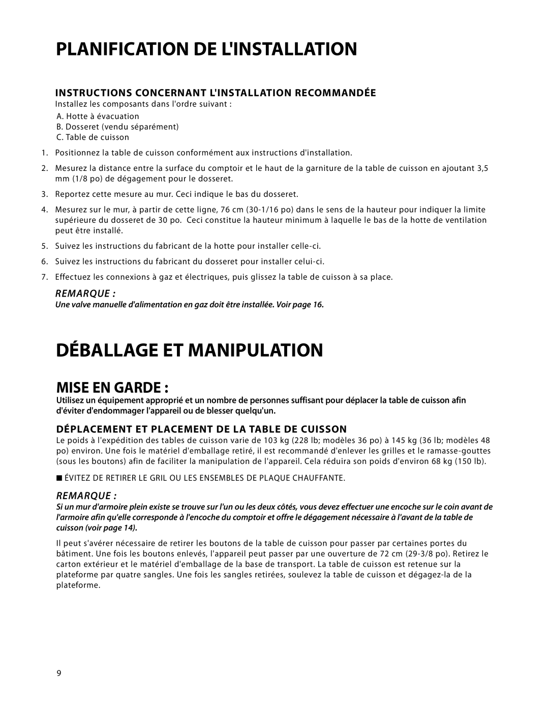 Fisher & Paykel CP-364GD, CP-486GD, CP-485GD Déballage ET Manipulation, Instructions Concernant Linstallation Recommandée 