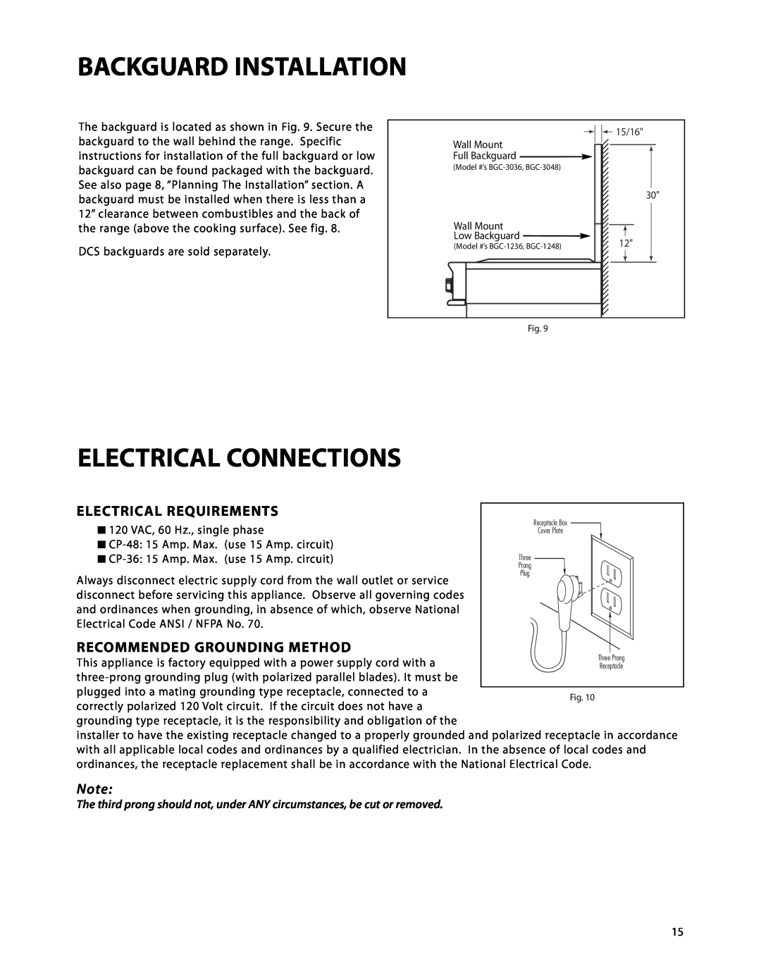 Fisher & Paykel CP-364GL, CP-486GD, CP-364GD, CP-366 Backguard Installation, Electrical Connections, Electrical Requirements 