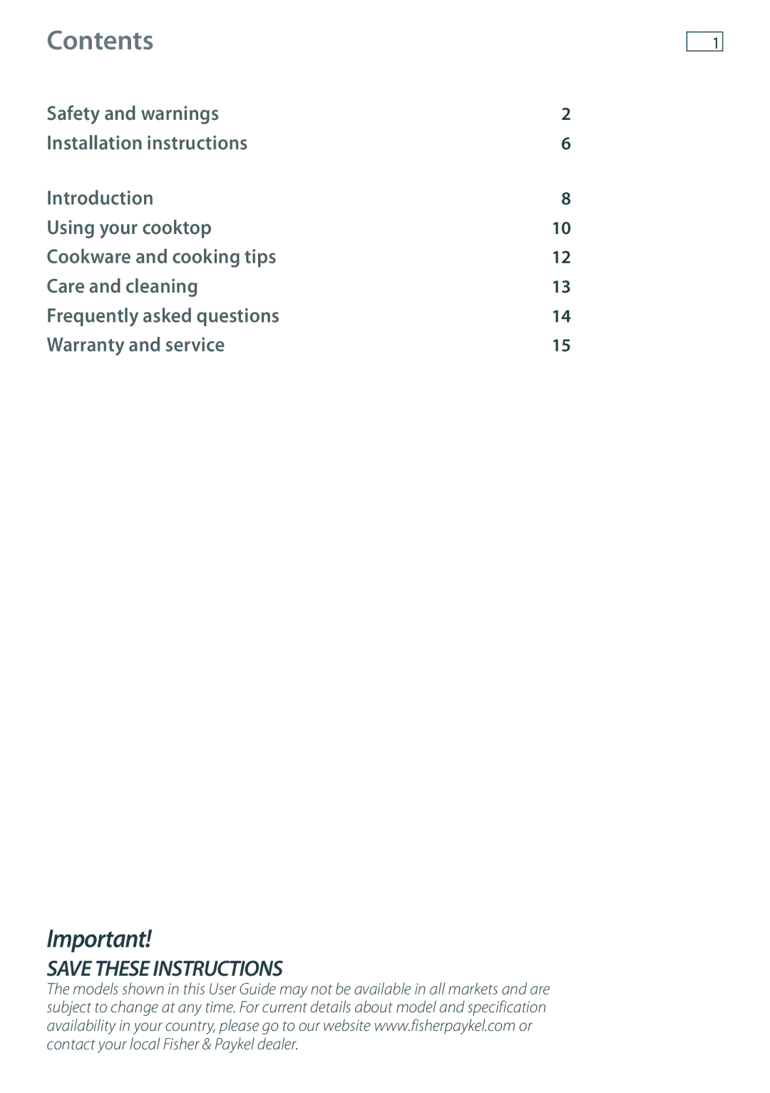 Fisher & Paykel CT5602F, CT2802, CT6551S, CT560C installation instructions Contents 