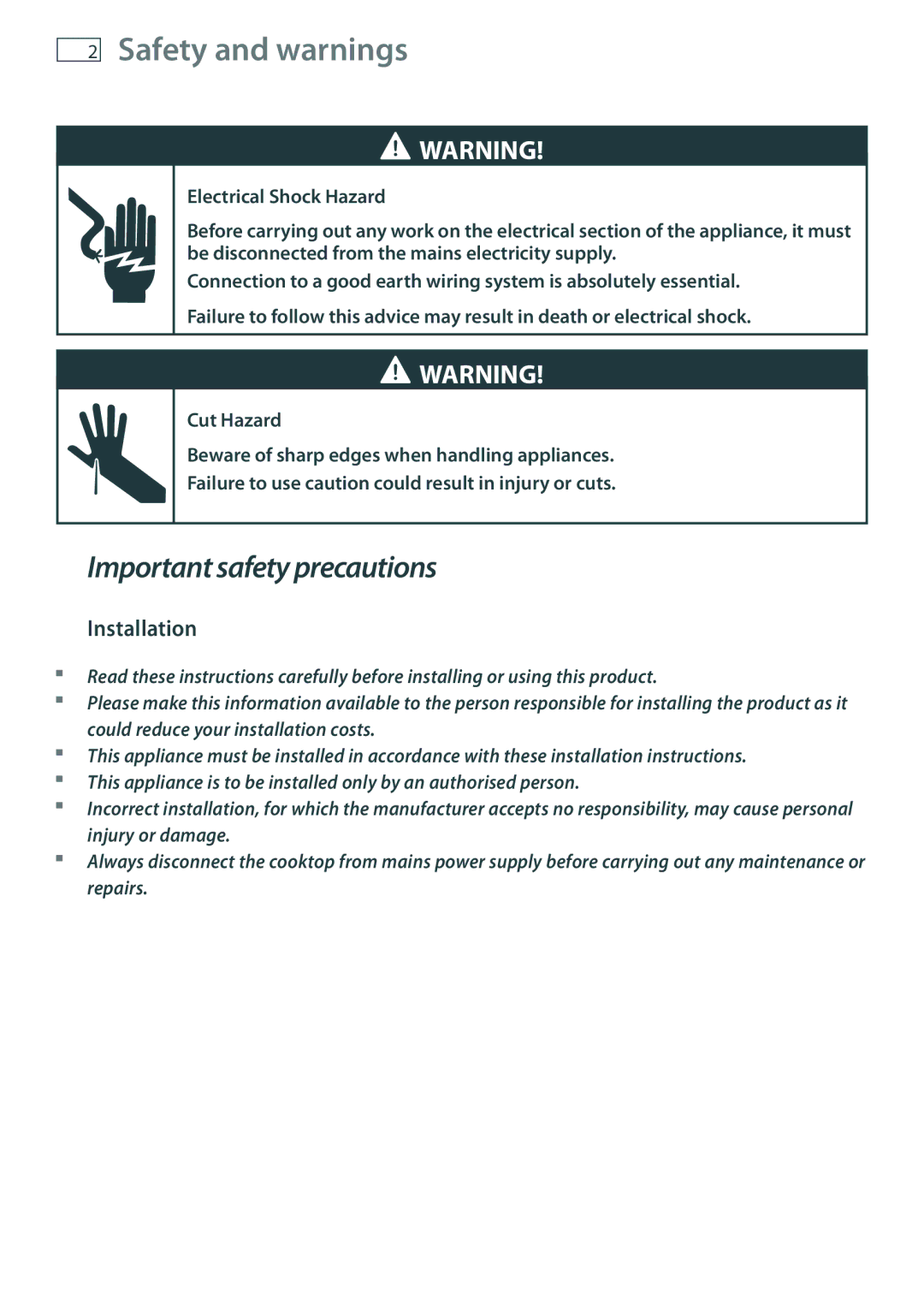 Fisher & Paykel CT2802, CT6551S, CT560C, CT5602F installation instructions Safety and warnings, Installation 