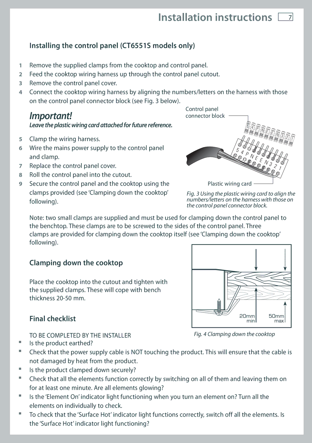 Fisher & Paykel CT2802 Installing the control panel CT6551S models only, Clamping down the cooktop, Final checklist 