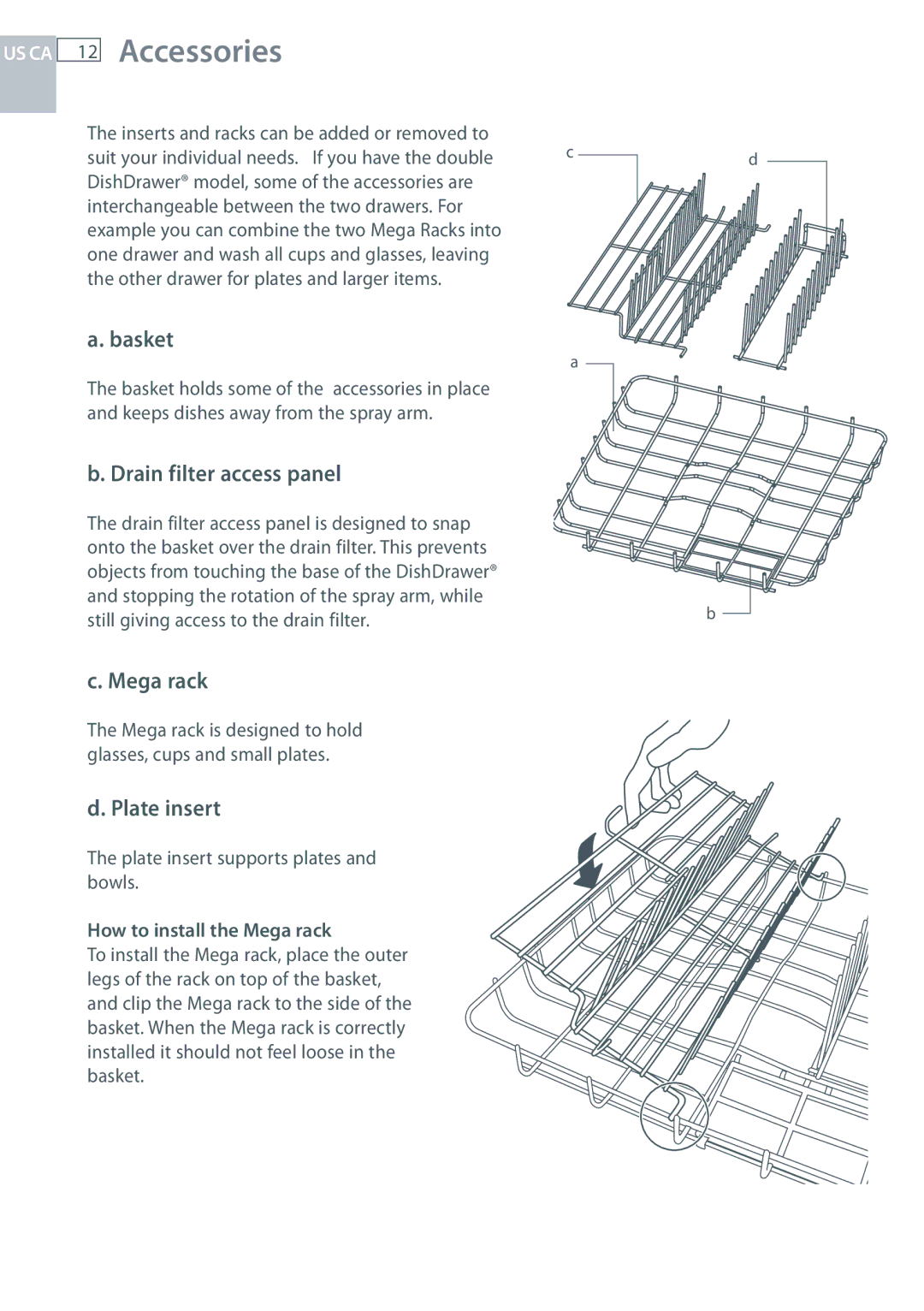 Fisher & Paykel DCS DD124P5, DCS DD224P5 US CA 12 Accessories, Basket, Drain filter access panel, Mega rack, Plate insert 