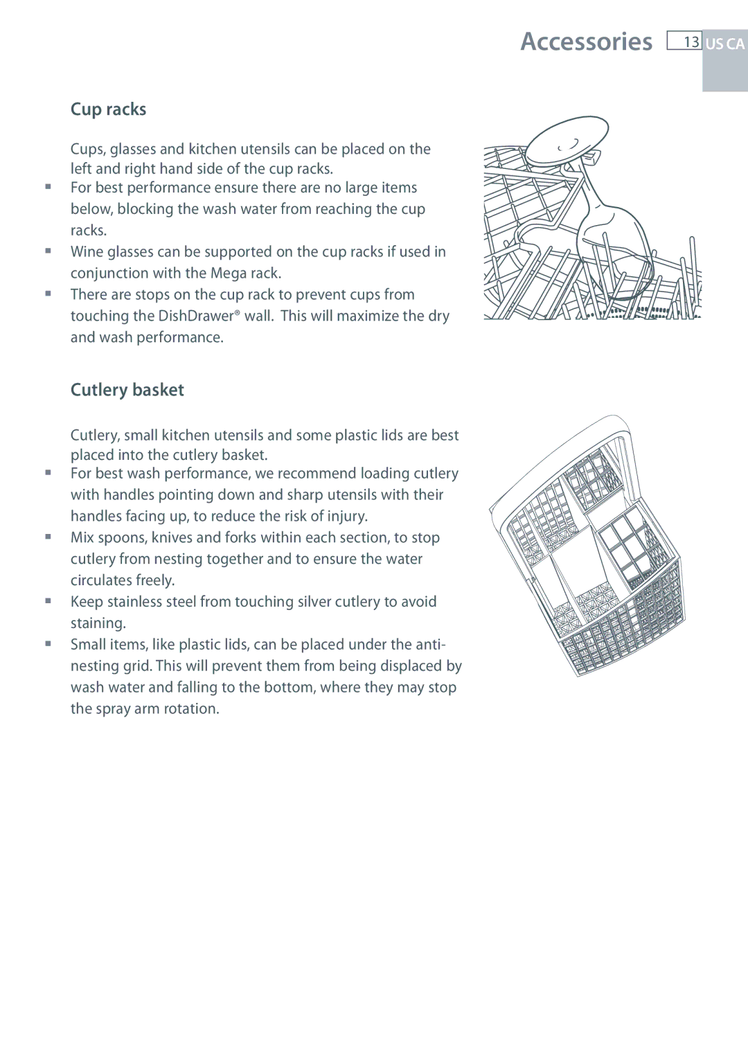 Fisher & Paykel DCS DD224P5, DCS DD124P5 manual Accessories, Cup racks, Cutlery basket 