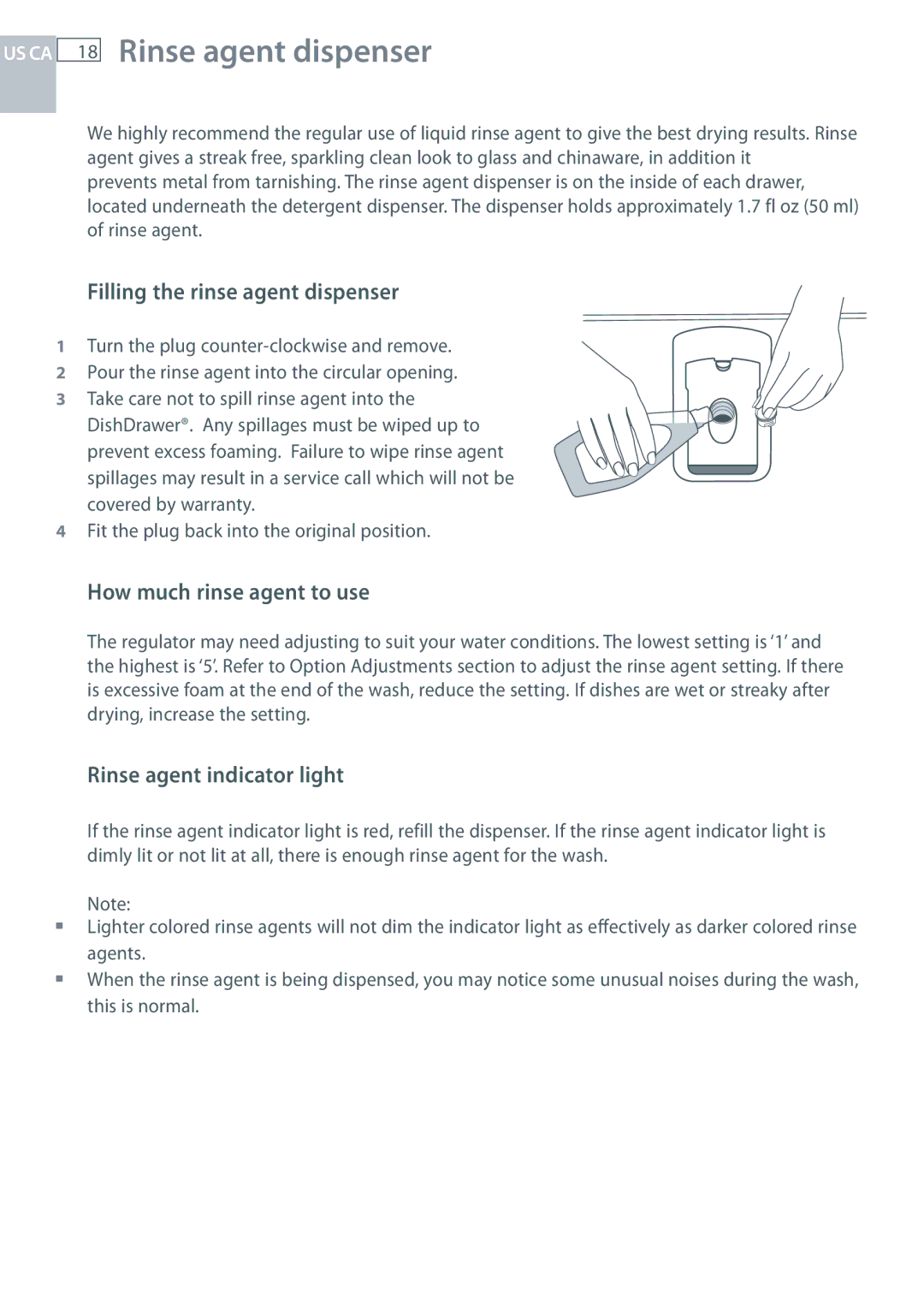 Fisher & Paykel DCS DD124P5 manual Rinse agent dispenser, Filling the rinse agent dispenser, How much rinse agent to use 