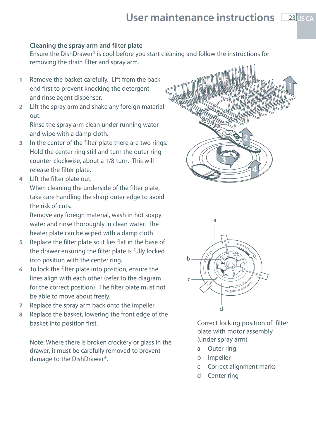 Fisher & Paykel DCS DD224P5, DCS DD124P5 manual Cleaning the spray arm and filter plate 