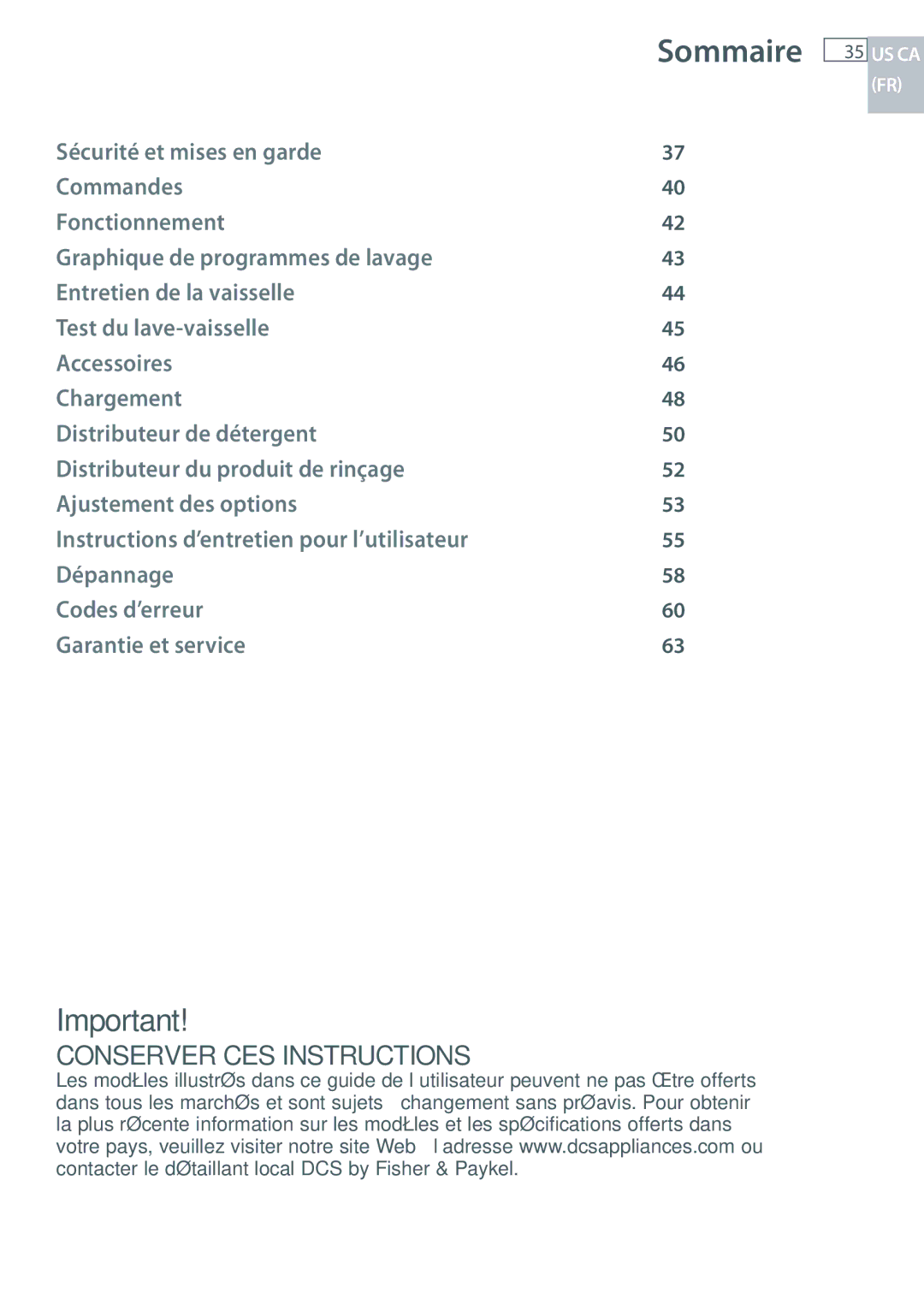 Fisher & Paykel DCS DD224P5, DCS DD124P5 manual Sommaire 