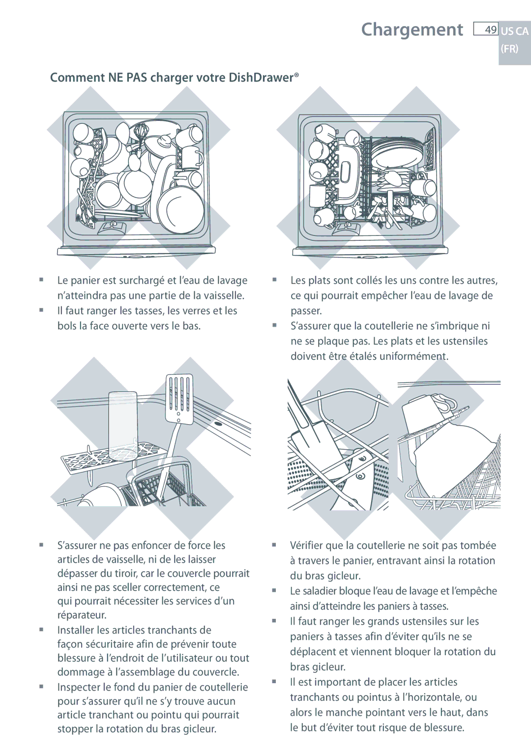 Fisher & Paykel DCS DD224P5, DCS DD124P5 manual Chargement 49 US CA, Comment NE PAS charger votre DishDrawer 