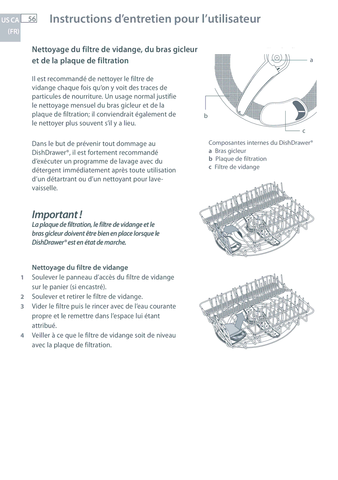 Fisher & Paykel DCS DD124P5, DCS DD224P5 manual Nettoyage du filtre de vidange 