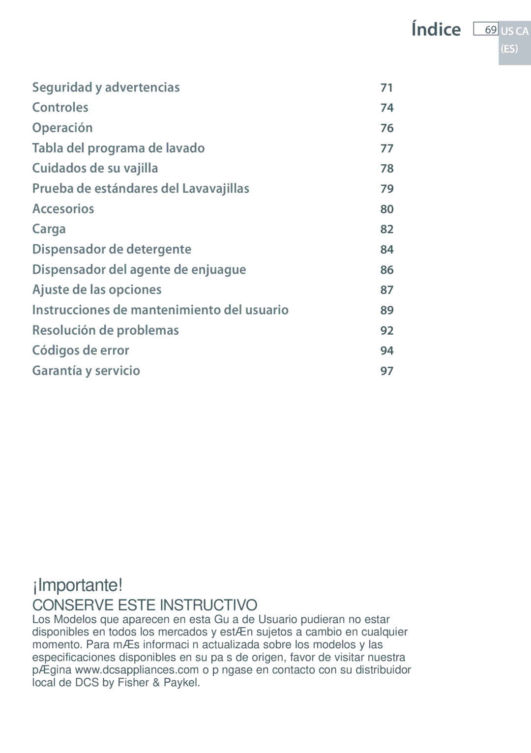 Fisher & Paykel DCS DD224P5, DCS DD124P5 manual Índice 