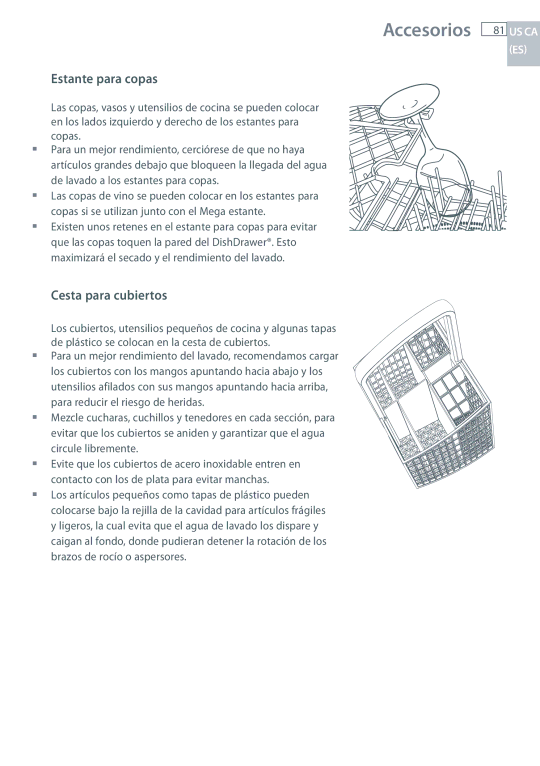 Fisher & Paykel DCS DD224P5, DCS DD124P5 manual Estante para copas, Cesta para cubiertos 