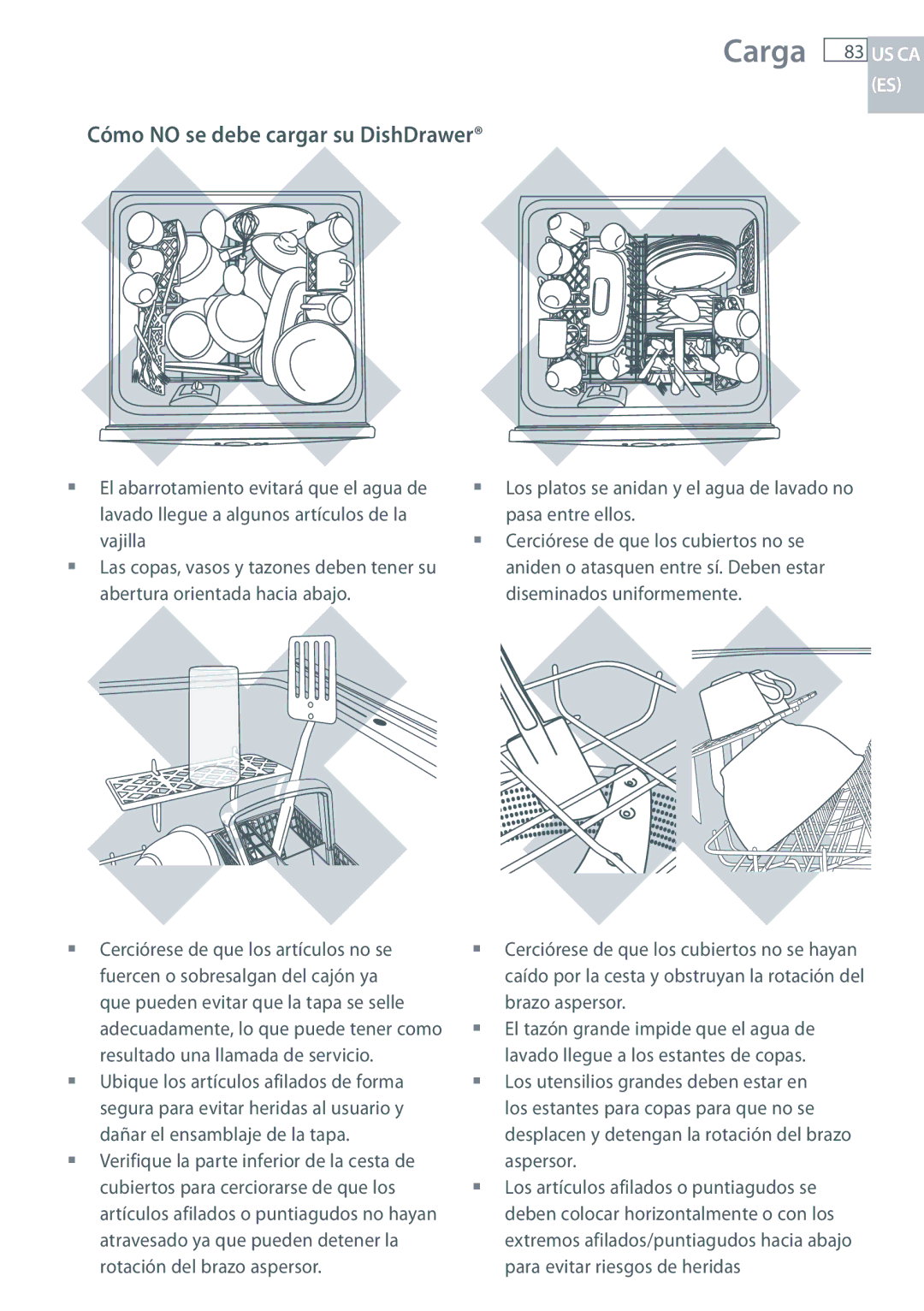 Fisher & Paykel DCS DD224P5, DCS DD124P5 manual Carga 83 US CA, Cómo no se debe cargar su DishDrawer 
