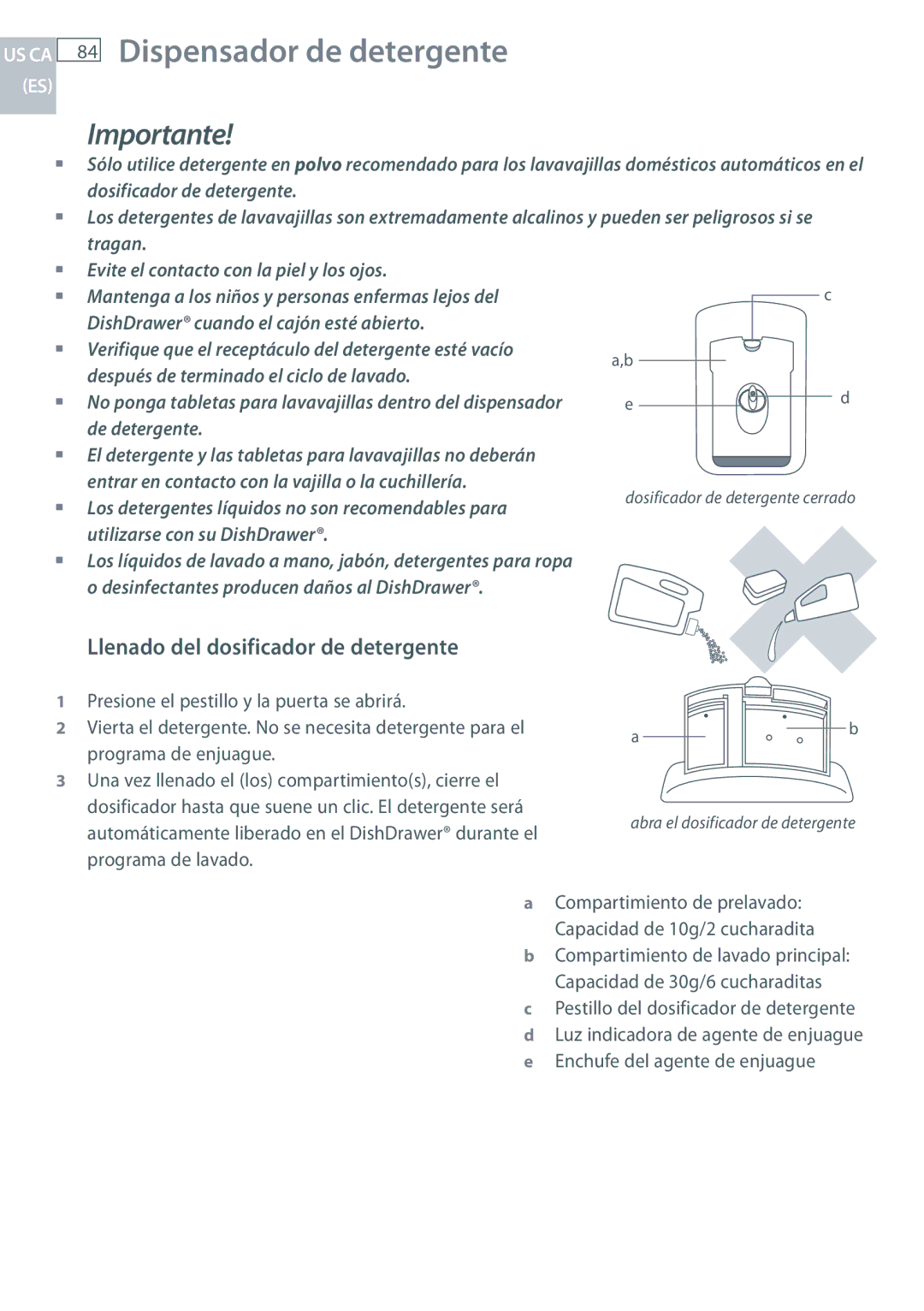 Fisher & Paykel DCS DD124P5, DCS DD224P5 manual Dispensador de detergente, Llenado del dosificador de detergente 