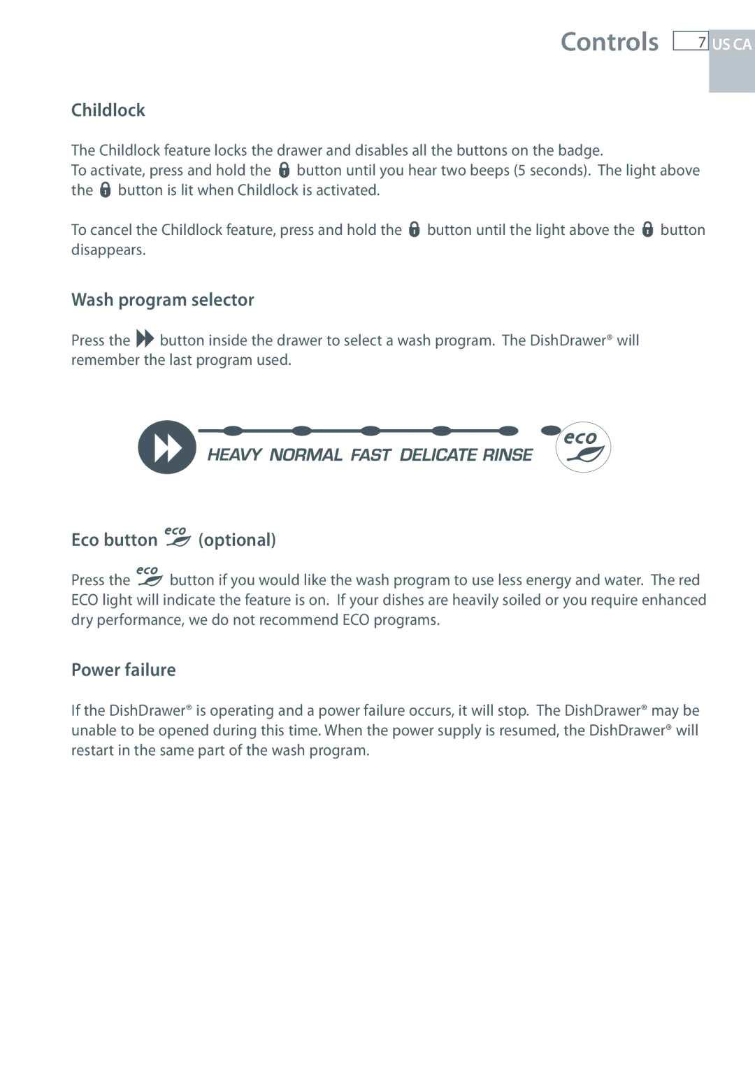 Fisher & Paykel DCS DD224P5, DCS DD124P5 manual Childlock, Wash program selector, Eco button optional, Power failure 