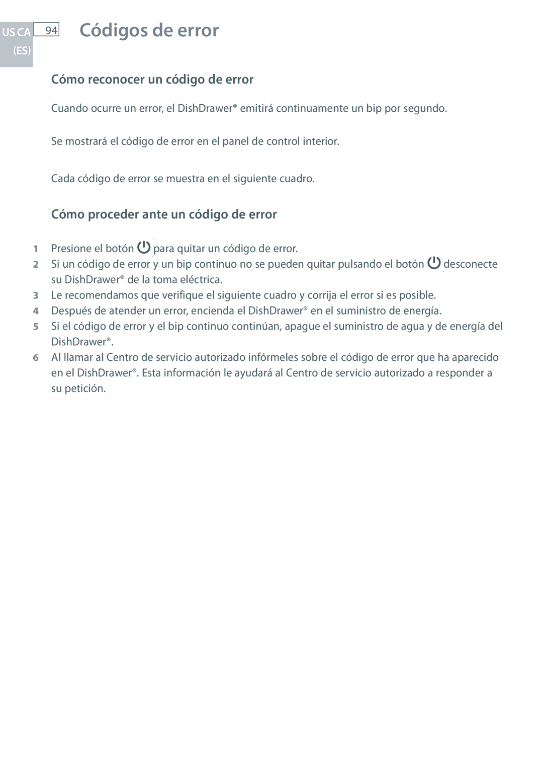 Fisher & Paykel DCS DD124P5 94 Códigos de error, Cómo reconocer un código de error, Cómo proceder ante un código de error 