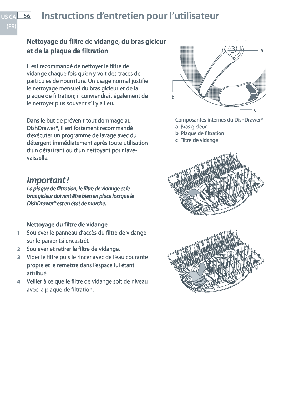 Fisher & Paykel DCS DD124P5 manual Instructions d’entretien pour l’utilisateur, Us Ca Fr, Nettoyage du filtre de vidange 