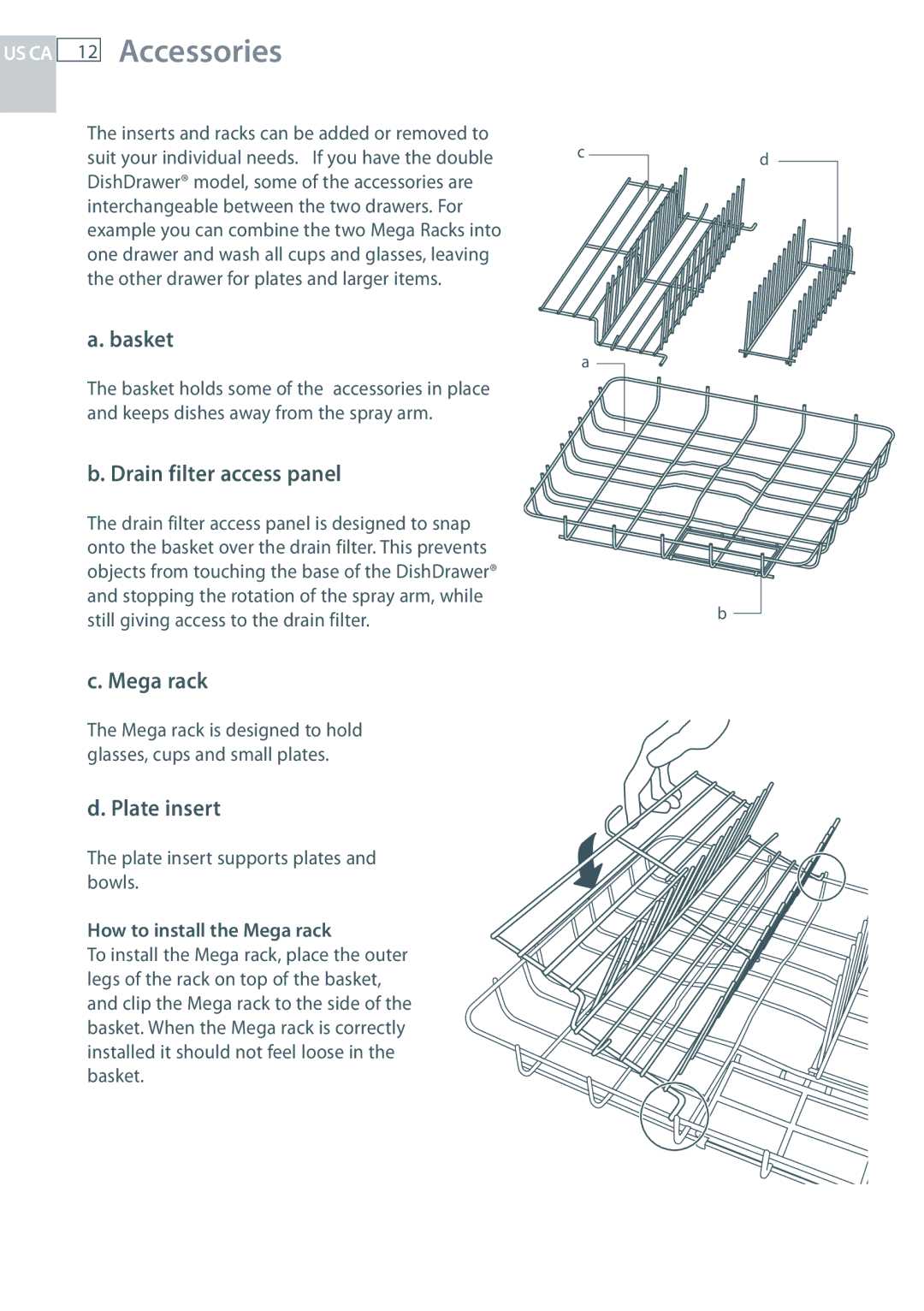 Fisher & Paykel DD124P5, DD224P5 manual US CA 12 Accessories, Basket, Drain filter access panel, Mega rack, Plate insert 