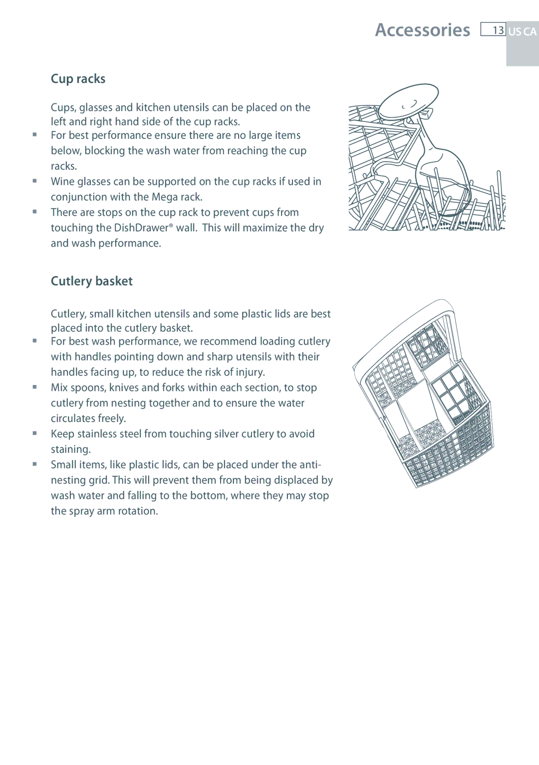 Fisher & Paykel DD224P5, DD124P5 manual Accessories, Cup racks, Cutlery basket 