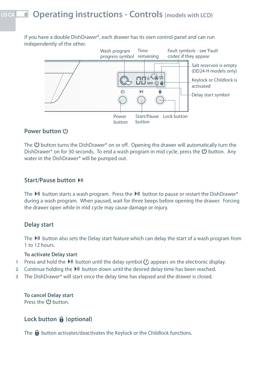 Fisher & Paykel DD24 manual Operating instructions Controls models with LCD, Lock button optional 