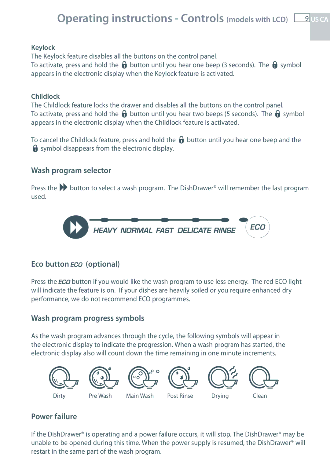 Fisher & Paykel DD24 manual Wash program progress symbols, Keylock, Childlock 