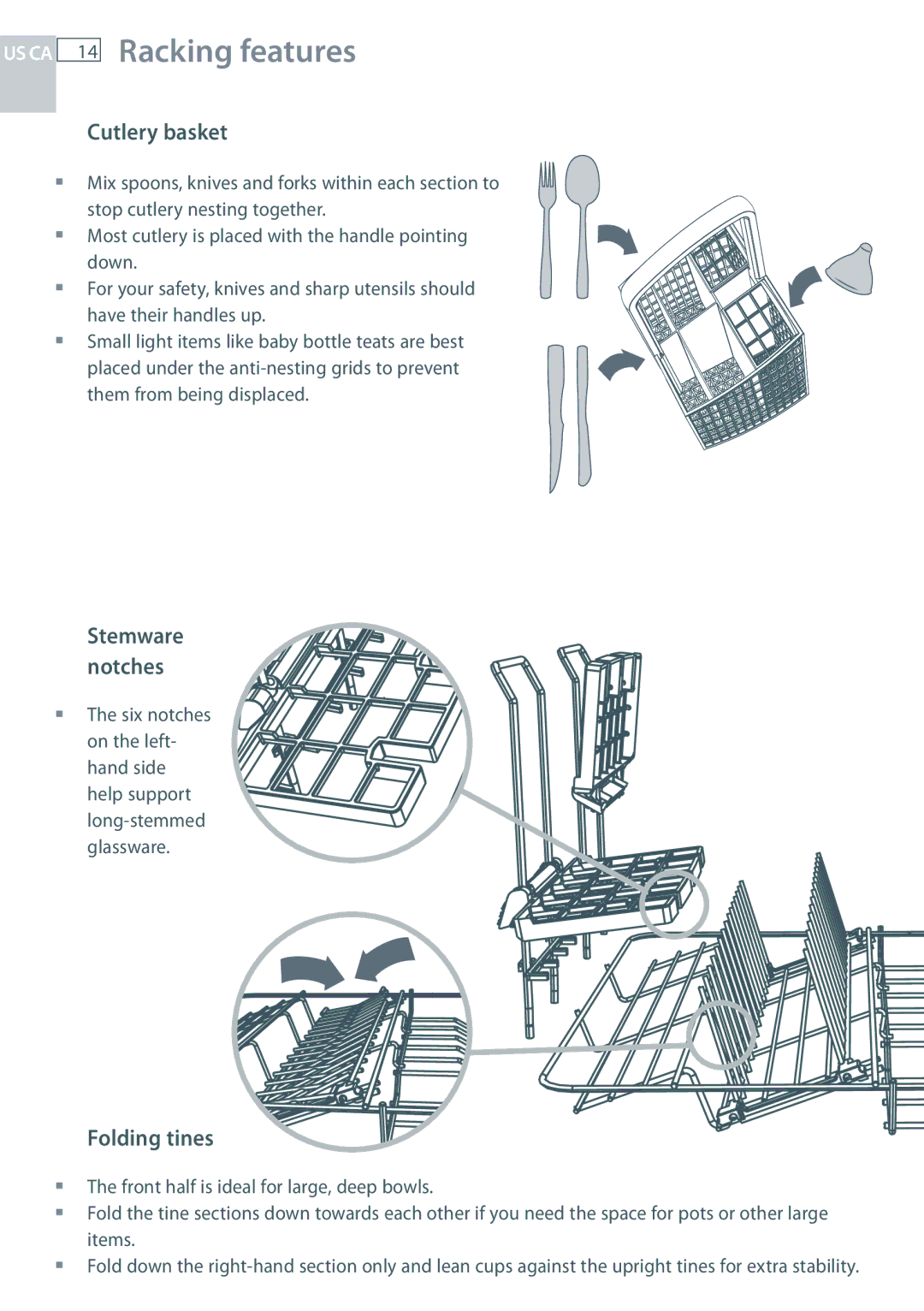 Fisher & Paykel DD24 manual Racking features, Cutlery basket, Folding tines, Stemware notches 