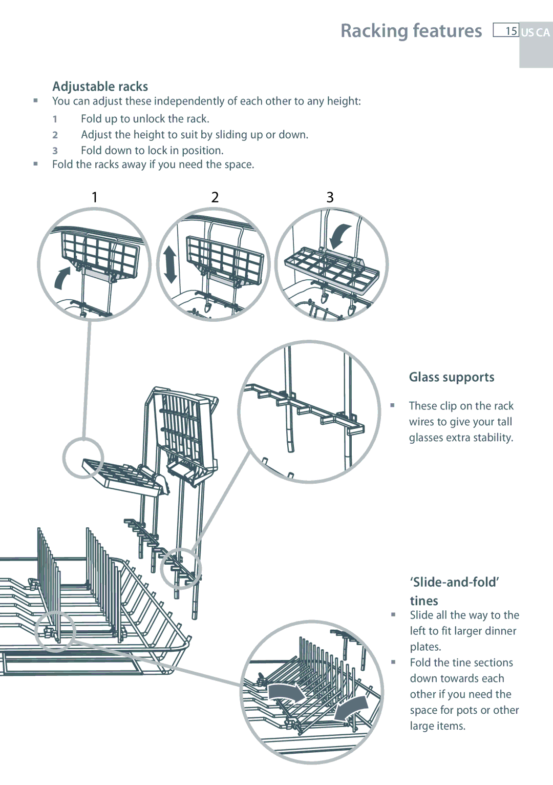 Fisher & Paykel DD24 manual Adjustable racks, Glass supports, ‘Slide-and-fold’ tines 