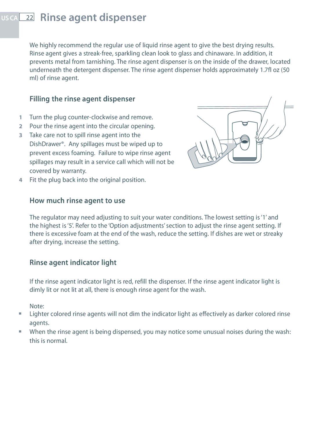 Fisher & Paykel DD24 manual Rinse agent dispenser, Filling the rinse agent dispenser, How much rinse agent to use 