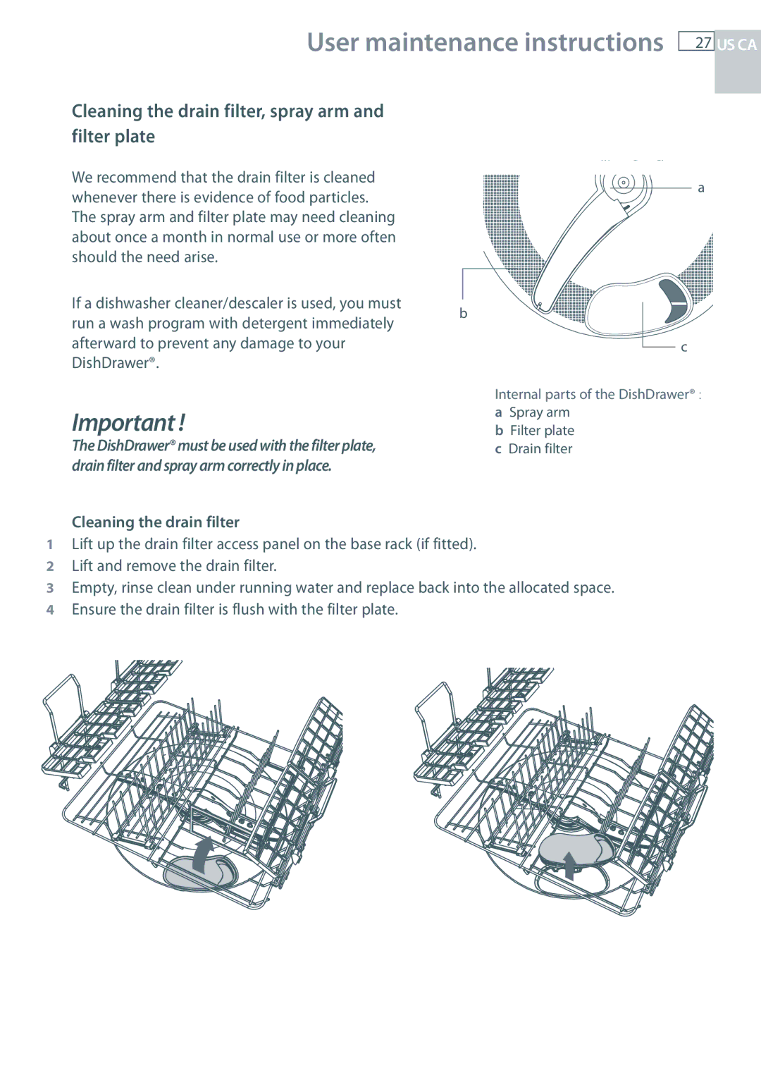 Fisher & Paykel DD24 manual Cleaning the drain filter, spray arm and filter plate 