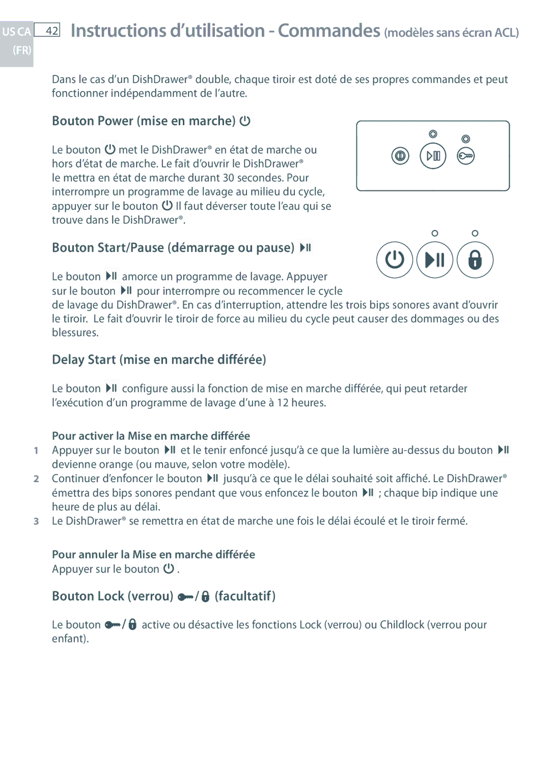 Fisher & Paykel DD24 Bouton Power mise en marche, Bouton Start/Pause démarrage ou pause, Bouton Lock verrou / facultatif 