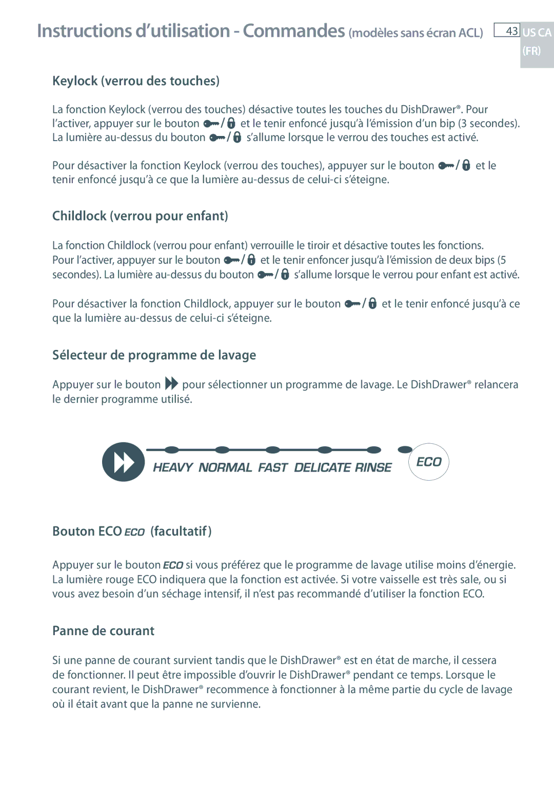 Fisher & Paykel DD24 manual Keylock verrou des touches, Childlock verrou pour enfant, Sélecteur de programme de lavage 