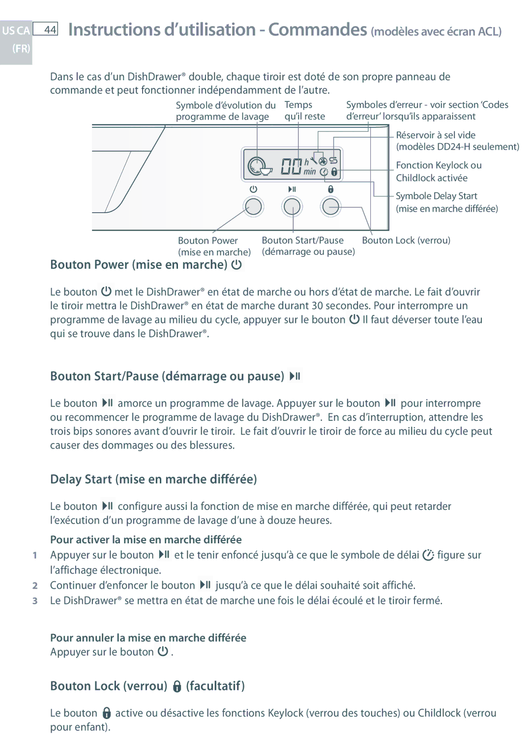 Fisher & Paykel DD24 manual Instructions d’utilisation Commandes modèles avec écran ACL, Bouton Lock verrou facultatif 