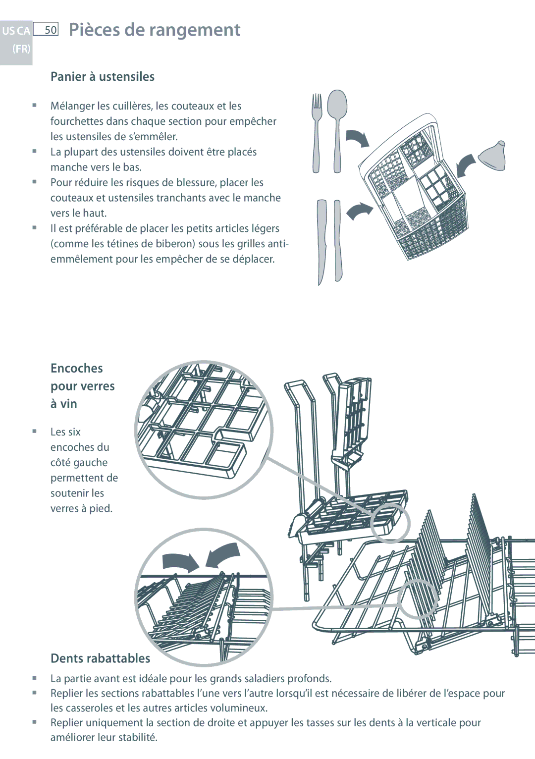 Fisher & Paykel DD24 manual 50 Pièces de rangement, Panier à ustensiles, Dents rabattable s 