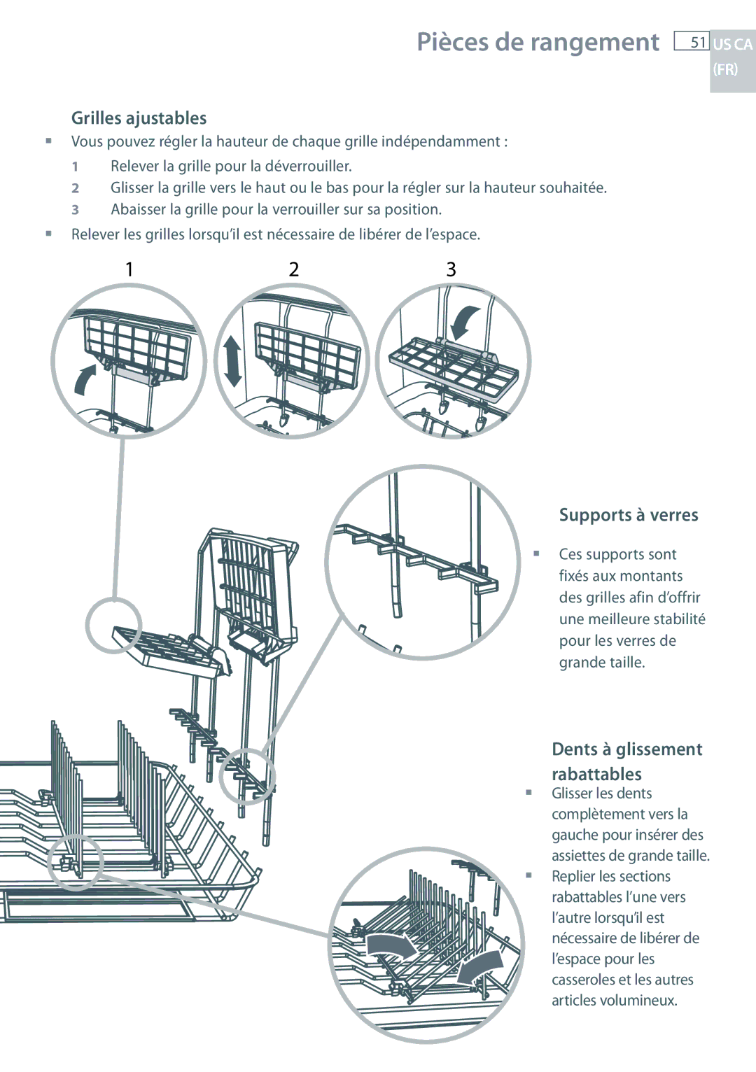 Fisher & Paykel DD24 manual Pièces de rangement, Grilles ajustables, Supports à verres, Dents à glissement rabattables 