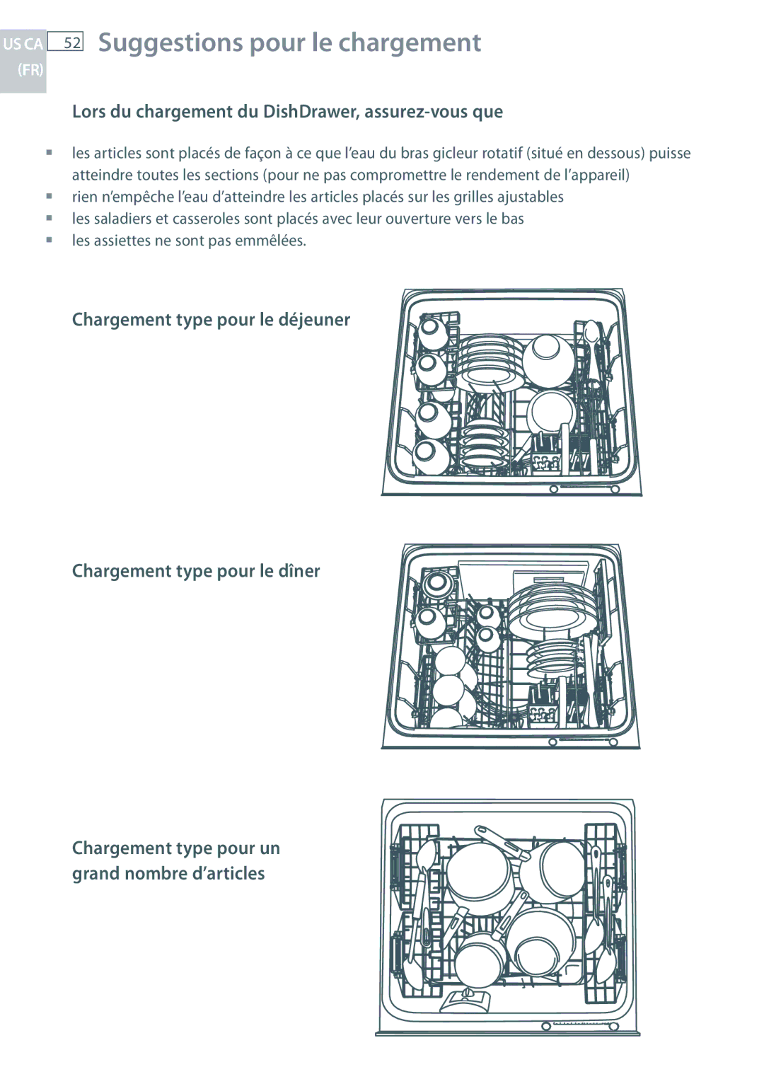 Fisher & Paykel DD24 manual Suggestions pour le chargement, Lors du chargement du DishDrawer, assurez-vous que 