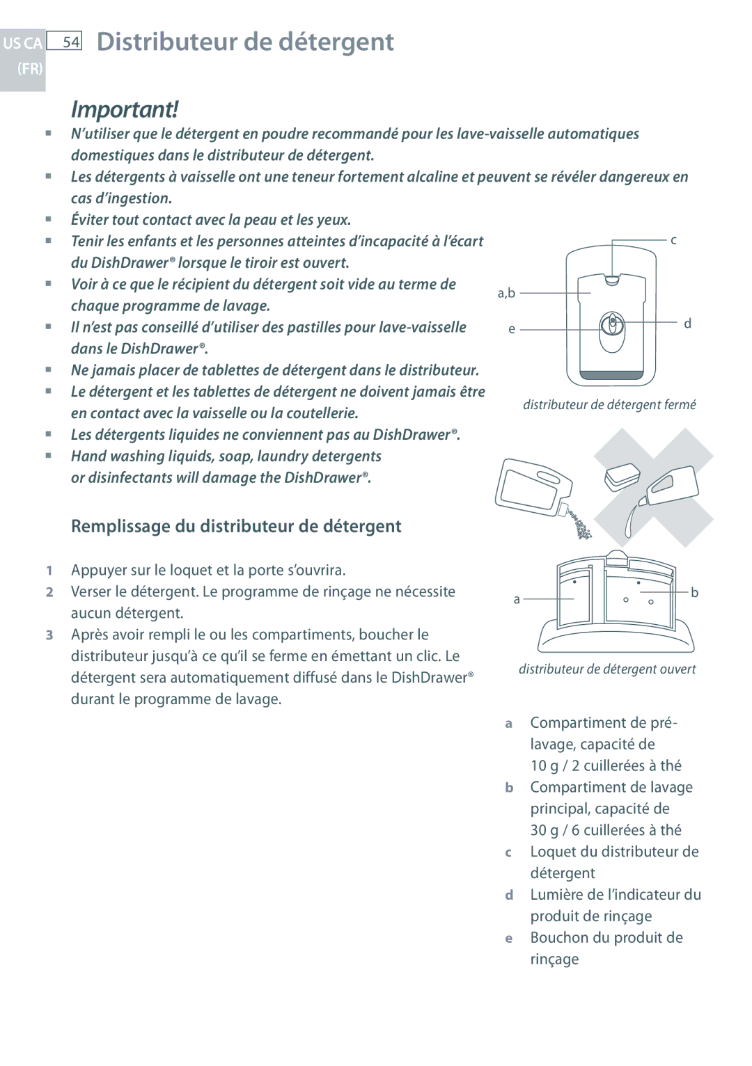 Fisher & Paykel DD24 manual Distributeur de détergent, Remplissage du distributeur de détergent, 10 g / 2 cuillerées à thé 