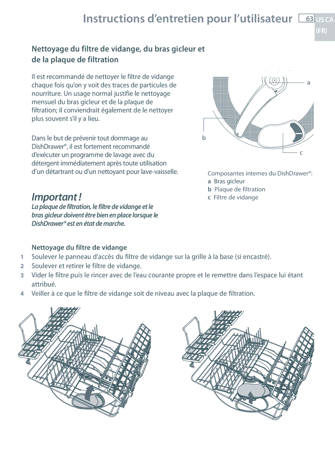 Fisher & Paykel DD24 manual Nettoyage du filtre de vidange 