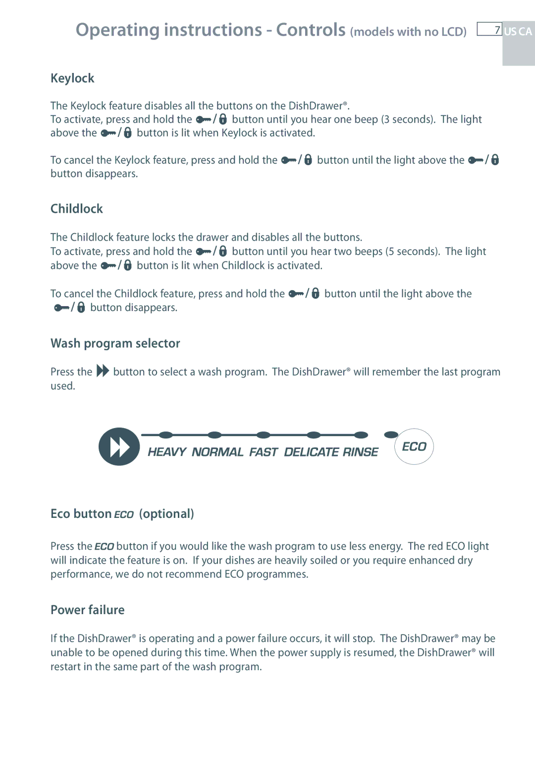 Fisher & Paykel DD24 manual Keylock, Childlock, Wash program selector, Eco button optional, Power failure 