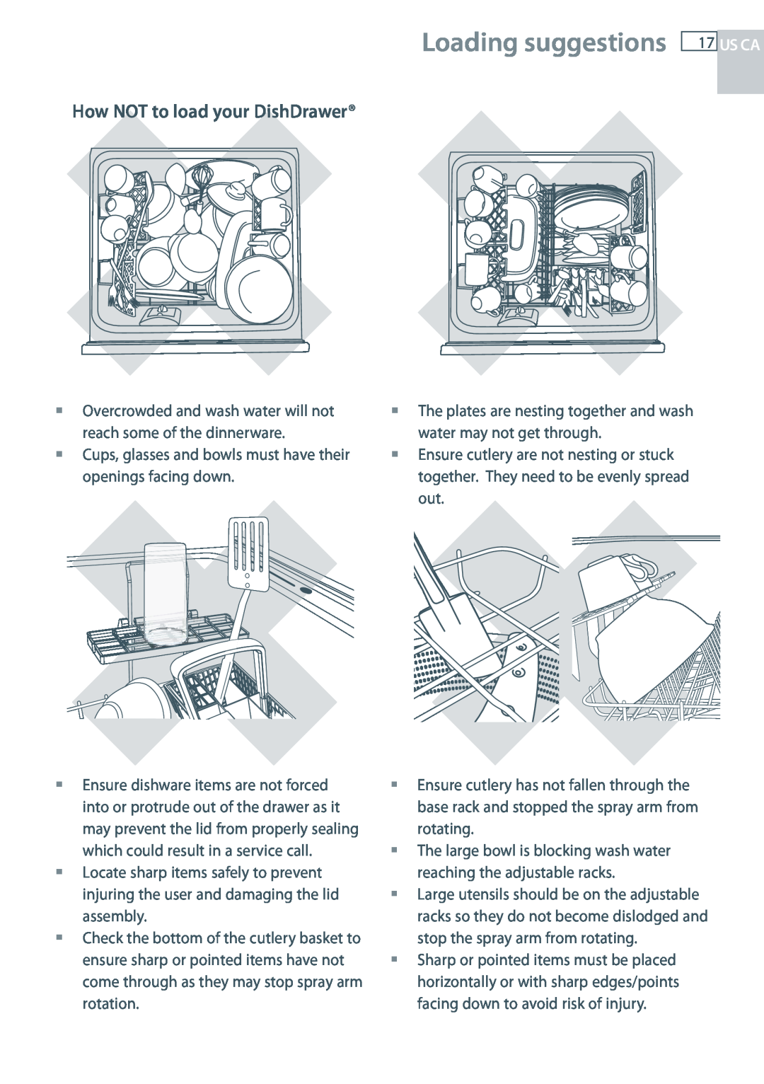 Fisher & Paykel DD24 manual Loading suggestions 17 US CA, How NOT to load your DishDrawer 