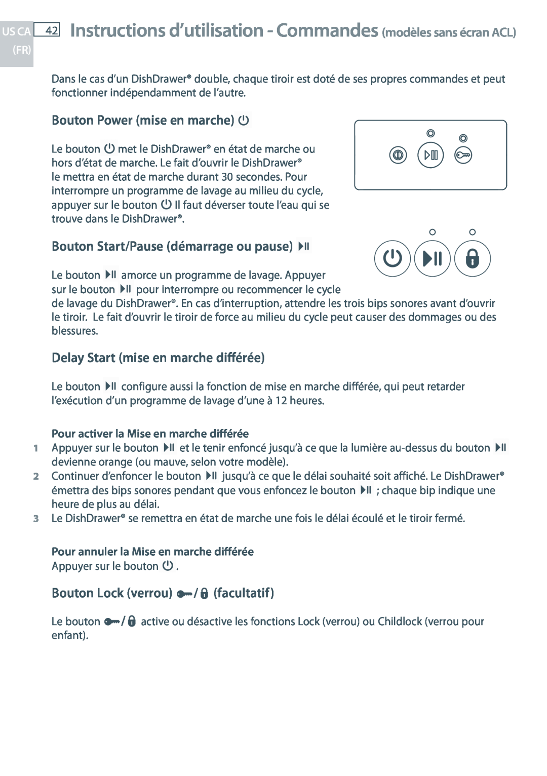 Fisher & Paykel DD24 Instructions d’utilisation - Commandes modèles sans écran ACL, Bouton Power mise en marche, Us Ca 