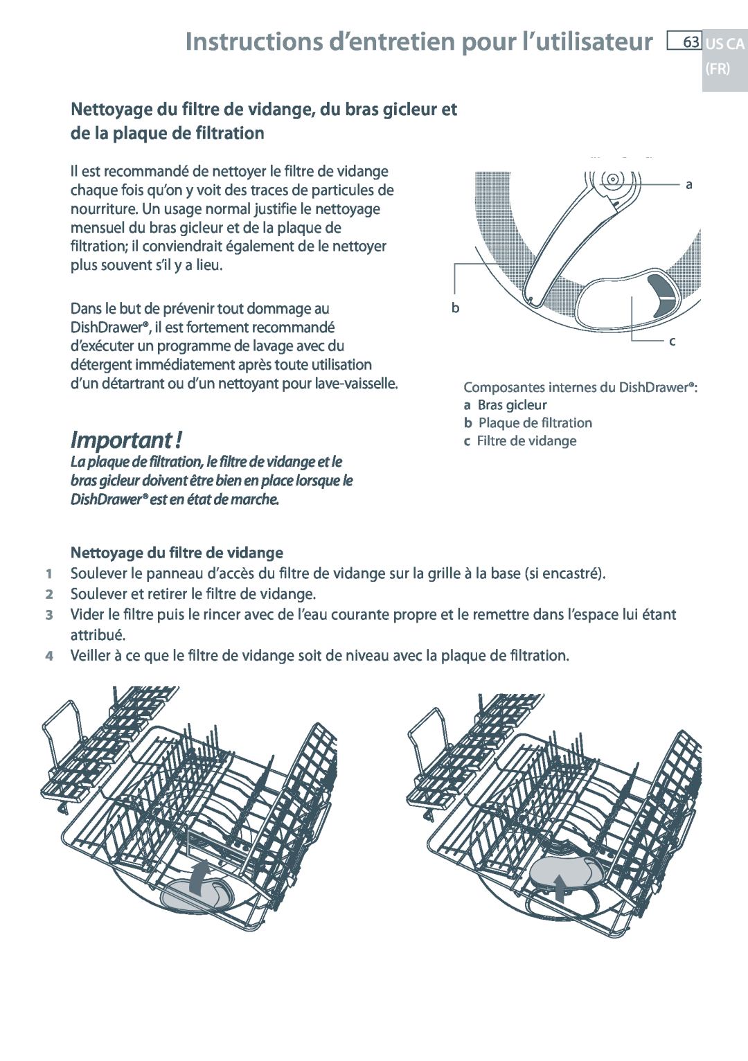 Fisher & Paykel DD24 manual Instructions d’entretien pour l’utilisateur, Nettoyage du filtre de vidange 