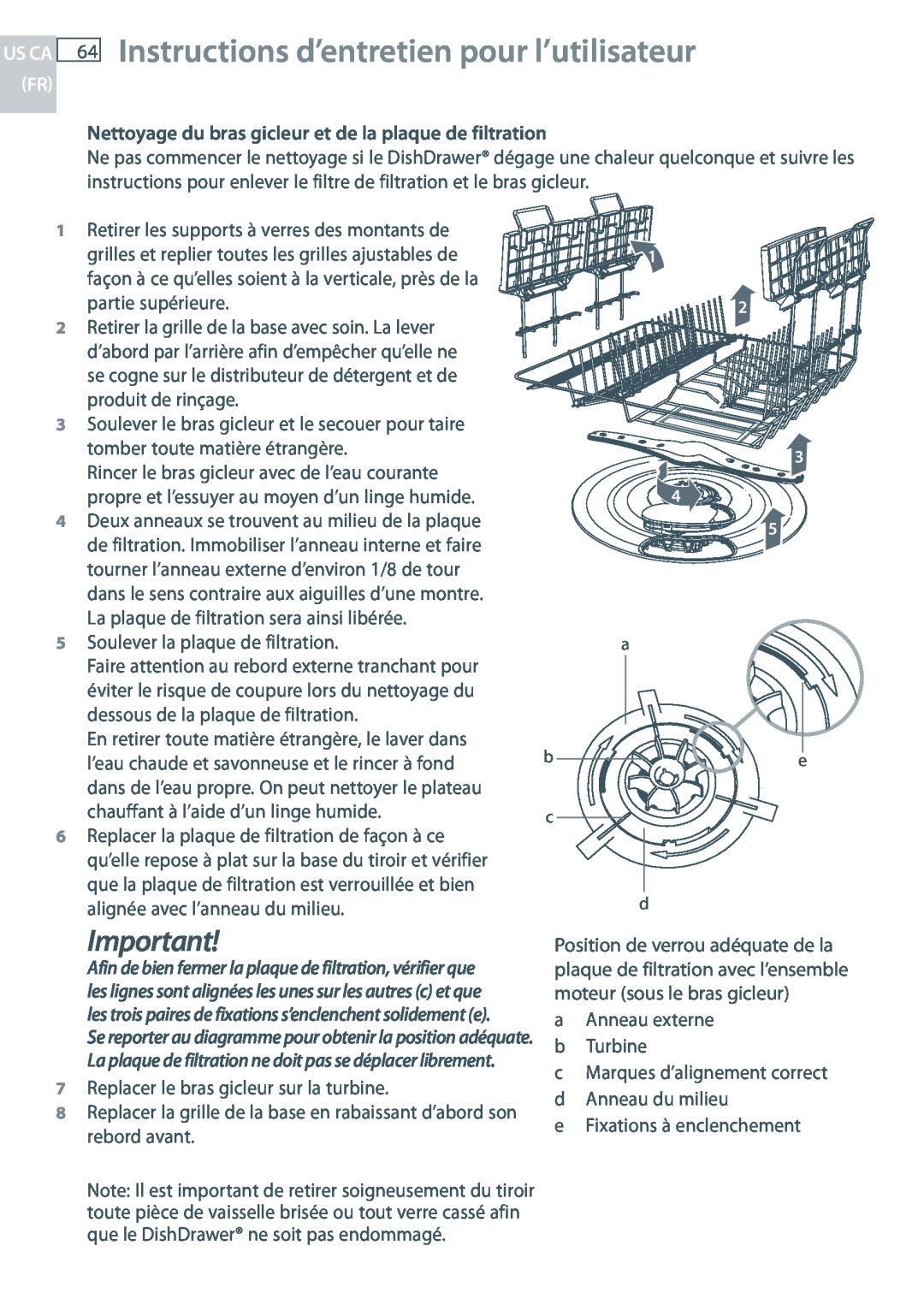 Fisher & Paykel DD24 manual Instructions d’entretien pour l’utilisateur, Us Ca Fr, Soulever la plaque de filtration 