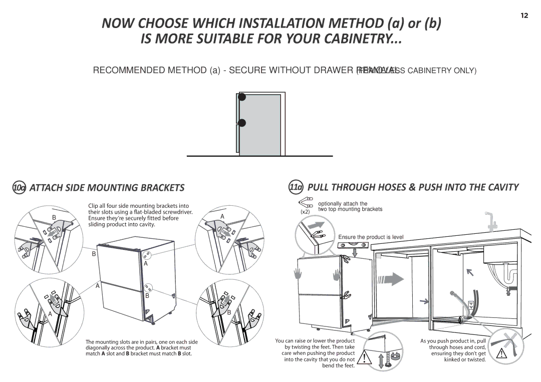 Fisher & Paykel DD24DCX7, DD24DI7, DD24D 7 10a Attach Side Mounting Brackets, 11a Pull Through Hoses & Push Into the Cavity 