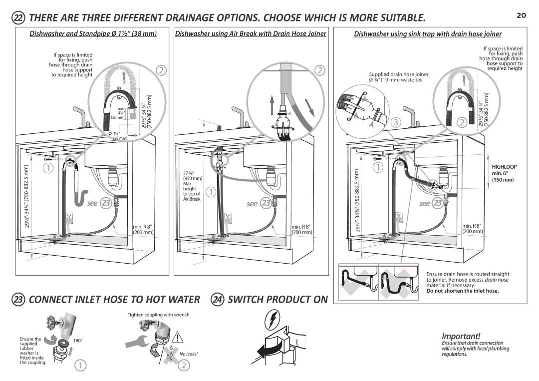 Fisher & Paykel DD24D 7, DD24DI7 Connect Inlet Hose TO* HOT Water 24 Switch Product on, 882, 750, 34¾, Min. R 29½ 200 mm 