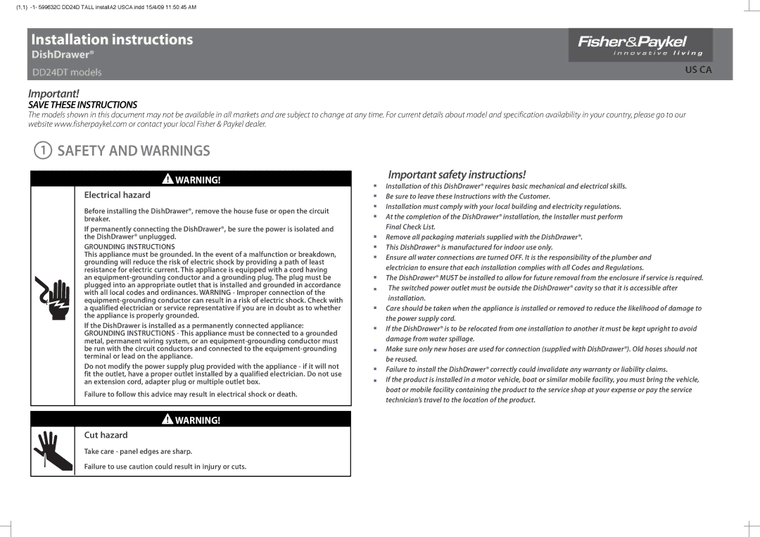 Fisher & Paykel DD24DT installation instructions Installation instructions, Safety and Warnings 