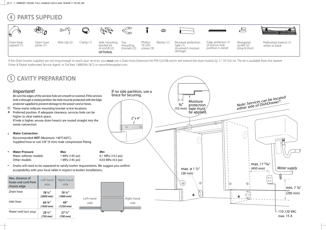 Fisher & Paykel DD24DT installation instructions Parts Supplied, Cavity Preparation, Screws 