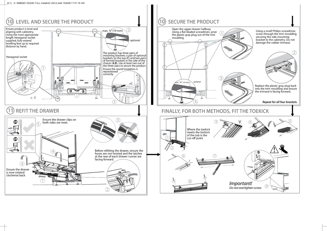 Fisher & Paykel DD24DT Level and Secure the Product, Refit the Drawer, FINALLY, for Both METHODS, FIT the Toekick 