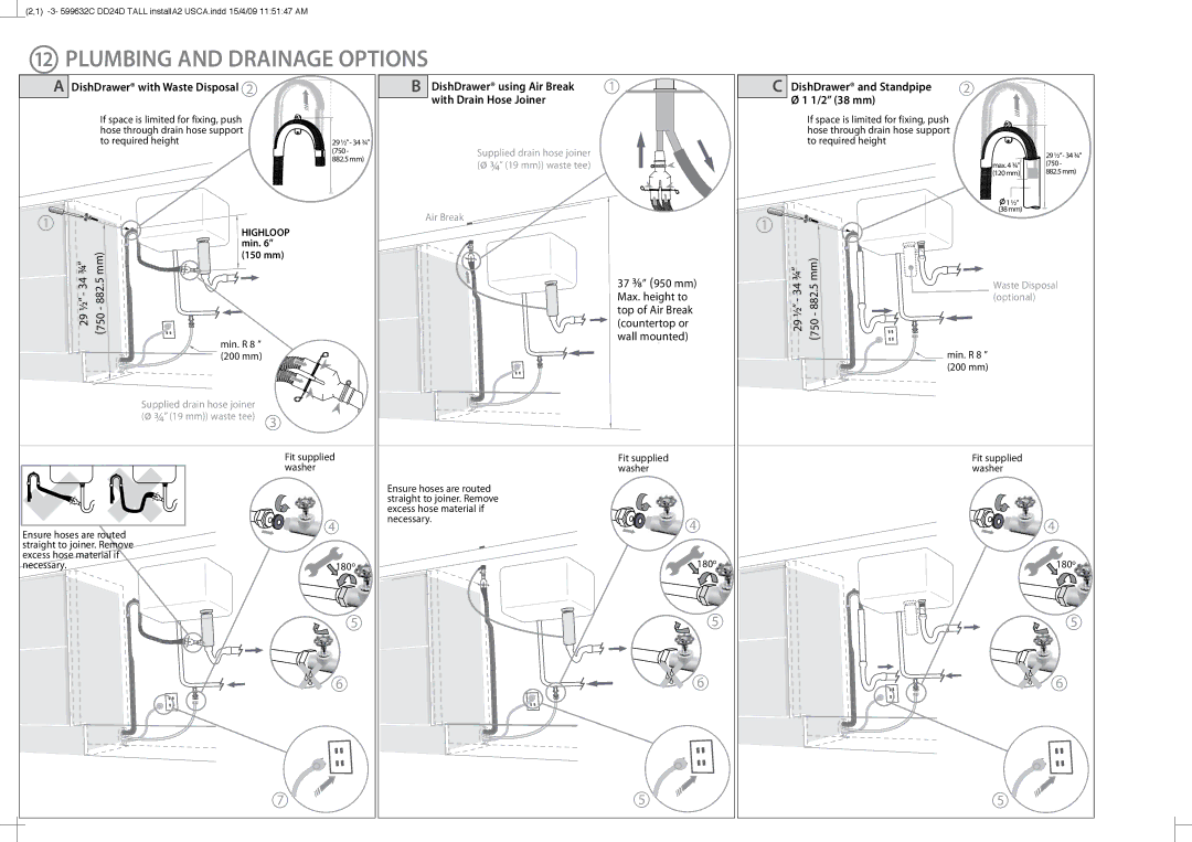 Fisher & Paykel DD24DT installation instructions Plumbing and Drainage Options, To required height, Min. R 