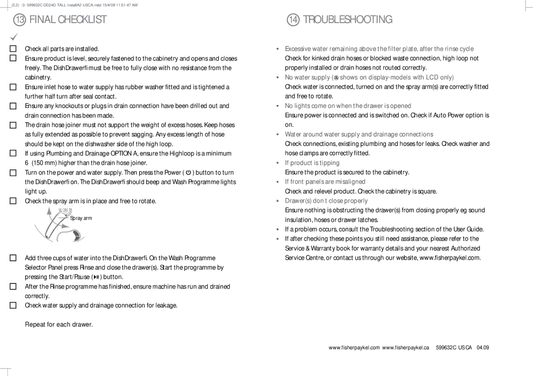 Fisher & Paykel DD24DT installation instructions Final Checklist, Troubleshooting 