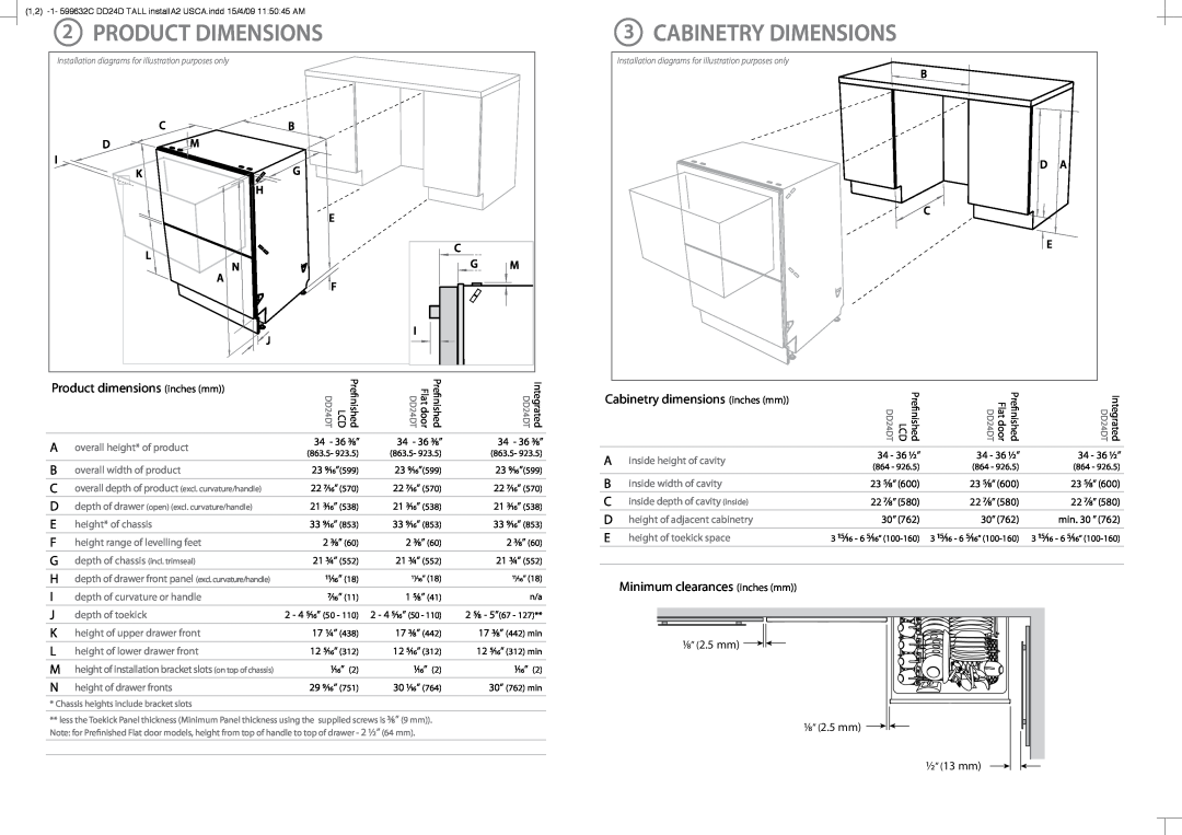 Fisher & Paykel DD24DT Product Dimensions, Cabinetry Dimensions, C B D M I K G H E L N A F I J, C G M, D A C E 