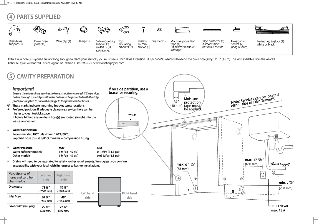 Fisher & Paykel DD24DT installation instructions Parts Supplied, Cavity Preparation 